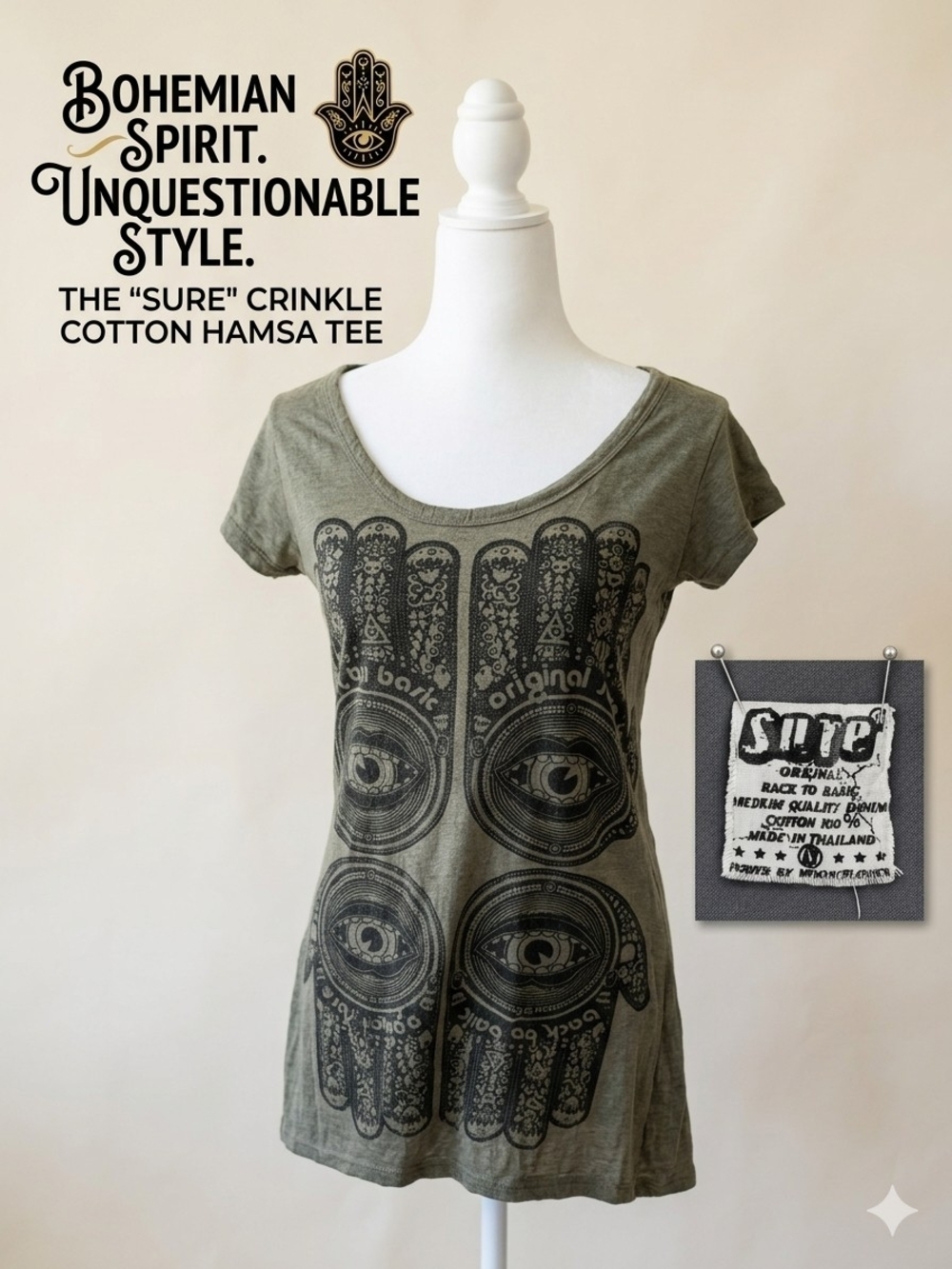 Sure Design Hamsa Hand Graphic T-Shirt Crinkled Boho Festival Top Small